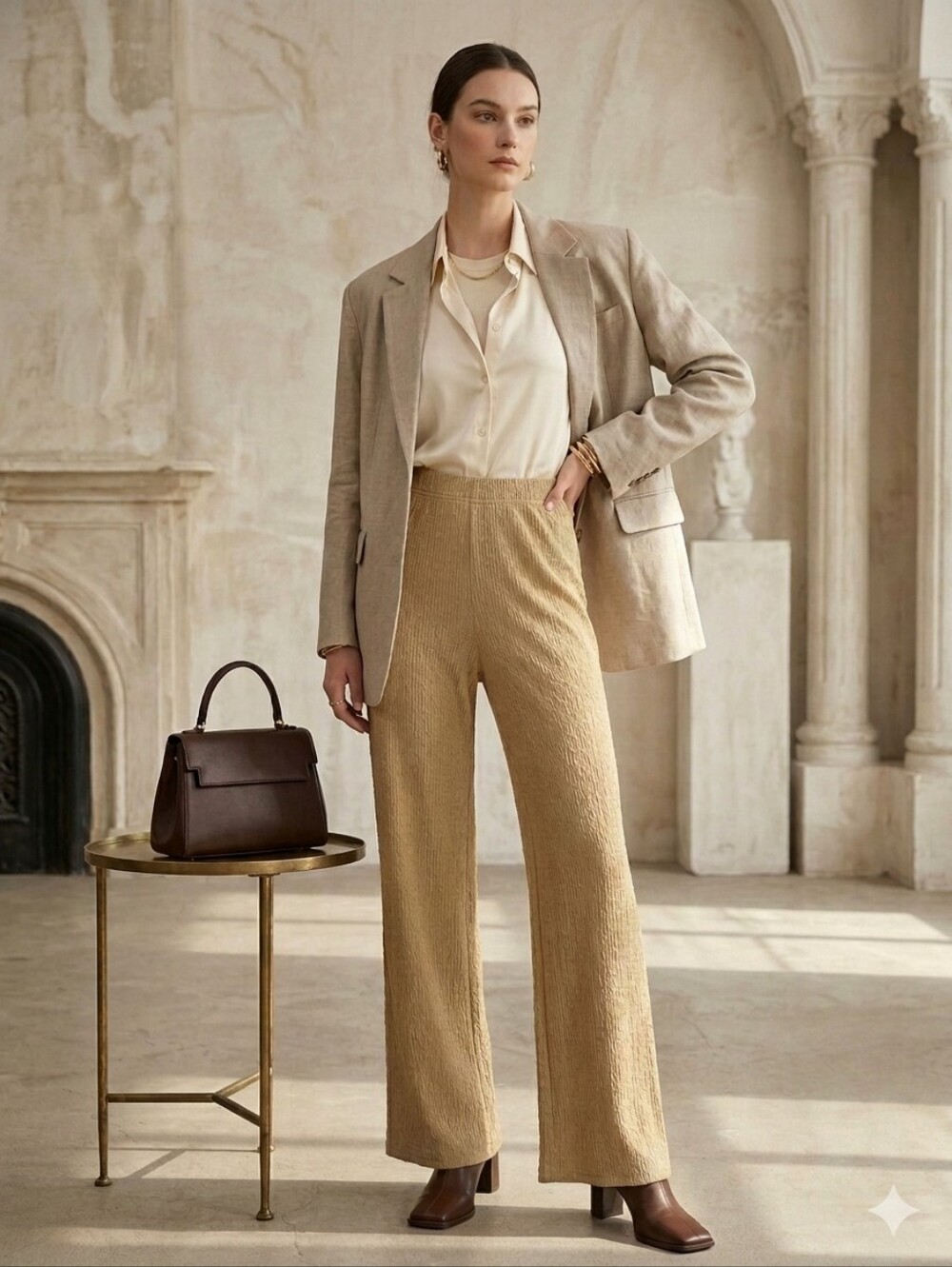 NWT Miou Muse Tan Textured Wide Leg Pants Size L